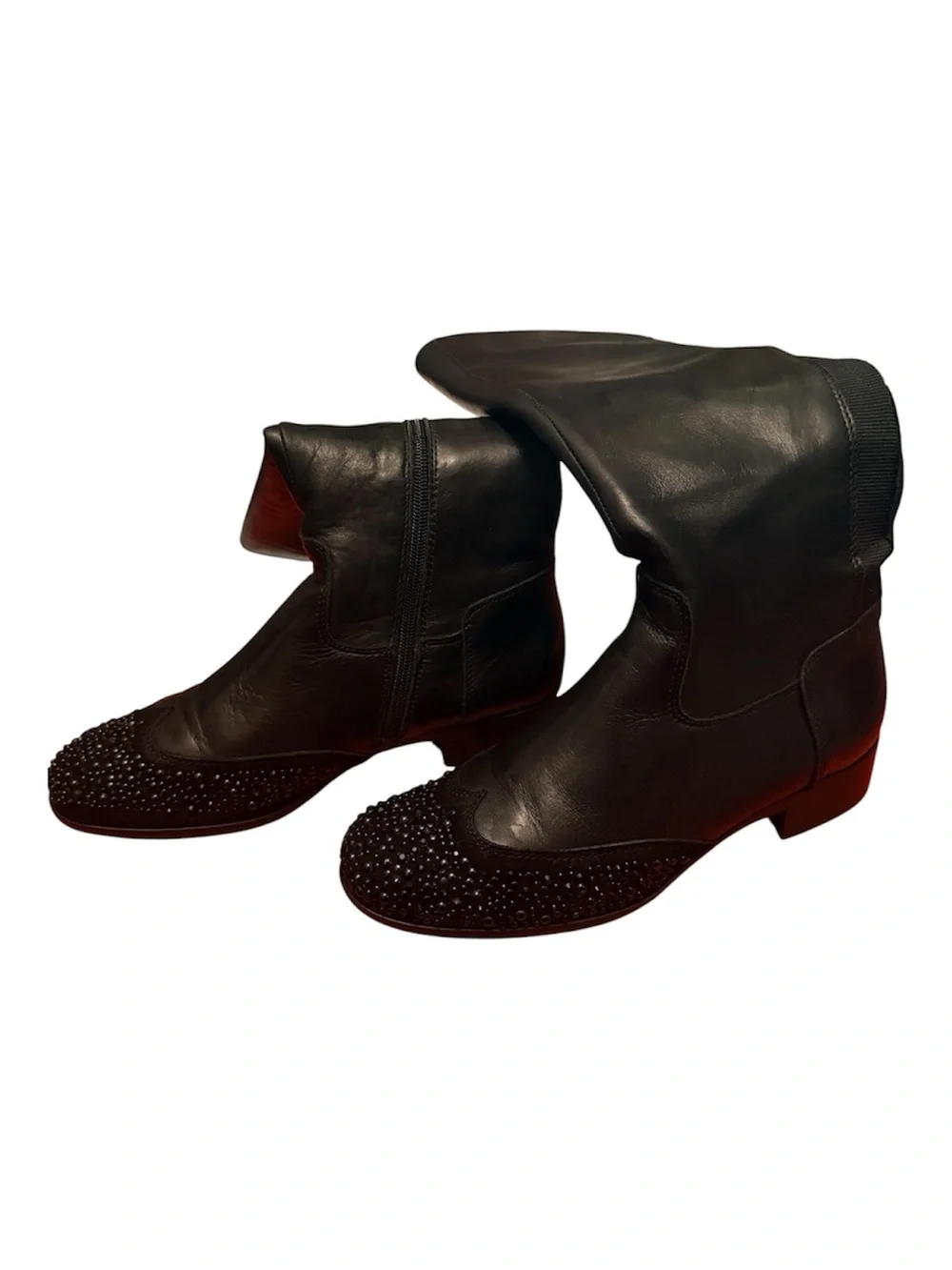 Black Women's Knee-High Leather Boots with Studded Toe